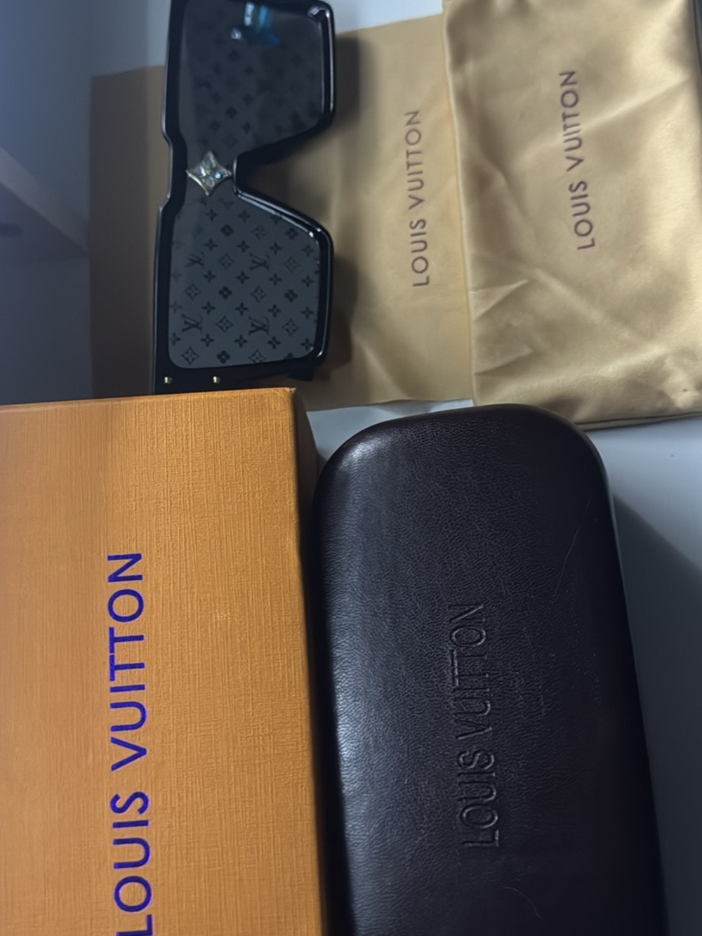 Louis Vuitton Black Leather Eyewear Case with Branded Box and Dust Bags